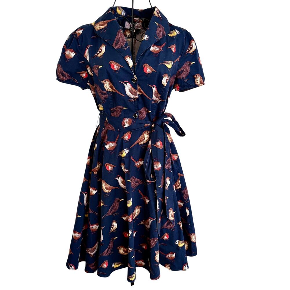 Belle Pogue Bird Print Pinup Betty Dress 50's Look Retro Rockabilly Full Skirt